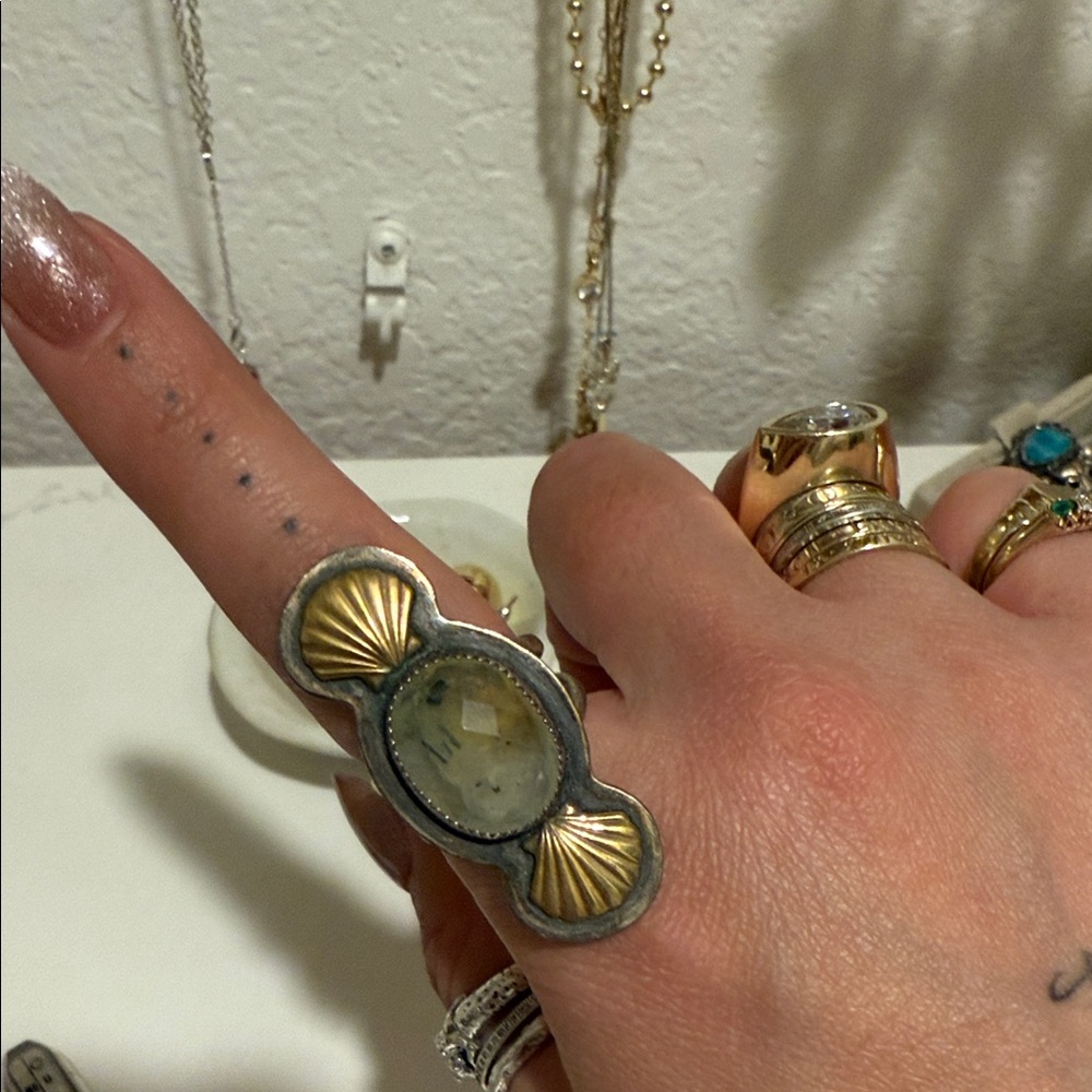 Prehnite Seashell Silver and Bronze Ring Sz 7